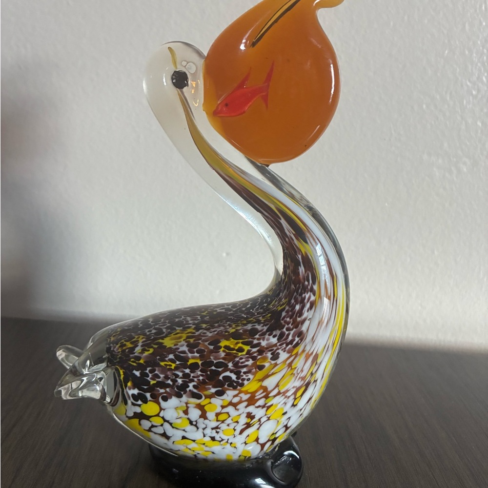 Hand Blown Glass Pelican Figurine Amber Yellow Beak Speckled Body - Picture 3 of 6